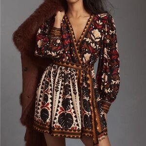FARM Rio Tapestry Garden Mini Dress V-Neck Wrap Tie Long Sleeve Floral NWT S